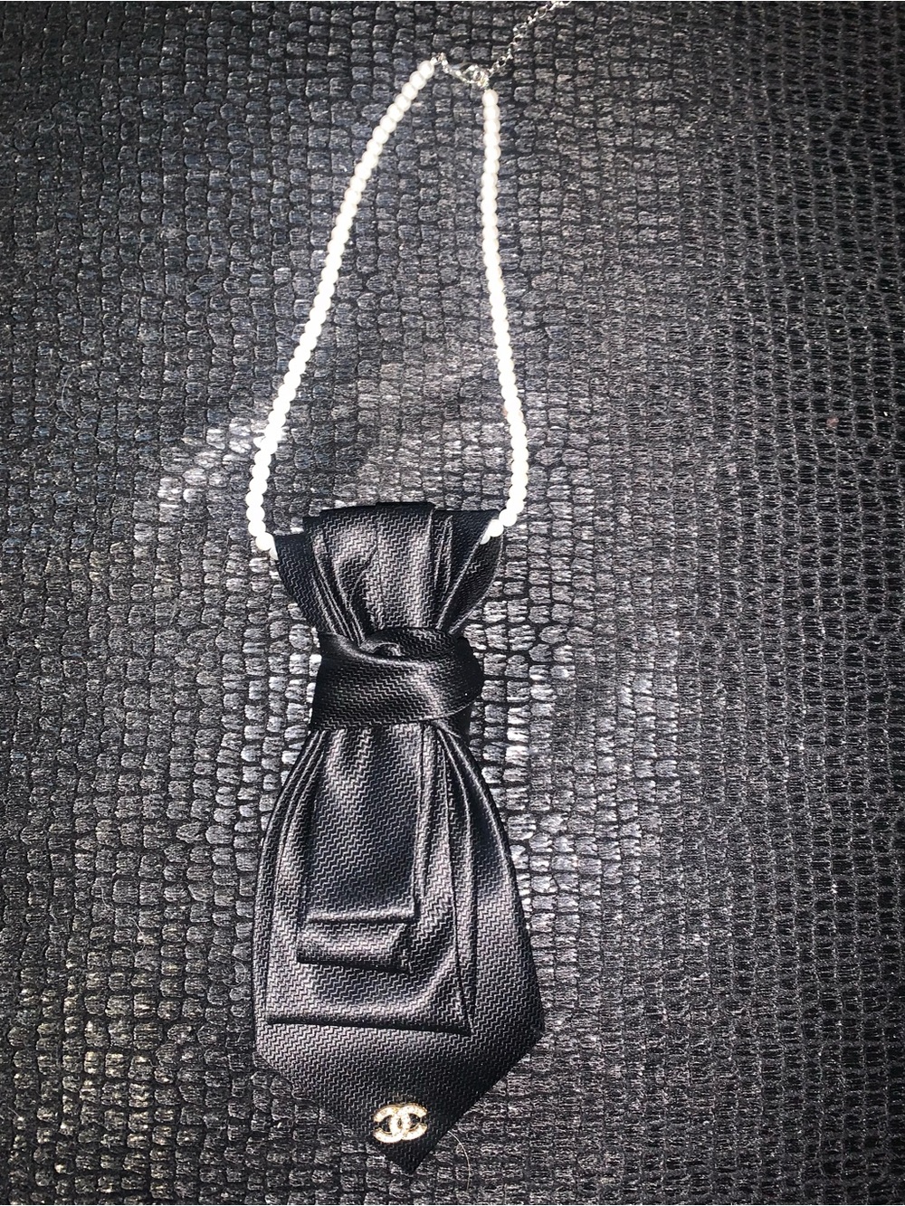 Black Tie Pendant Necklace with Pearl Chain